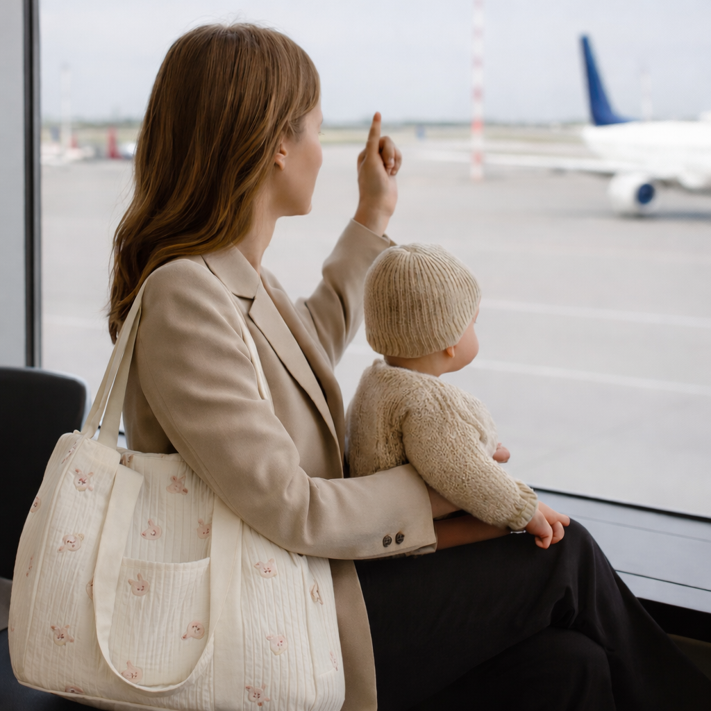 Sac week end en coton matelasse porte par une maman tenant son bebe assise à l'aéroport face aux pistes avec un avion visible en arrière plan