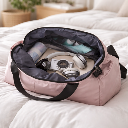 Sac week-end rose ouvert posé sur un lit avec couette puffy blanche, intérieur visible avec écouteurs, lunettes et accessoires, chambre lumineuse.