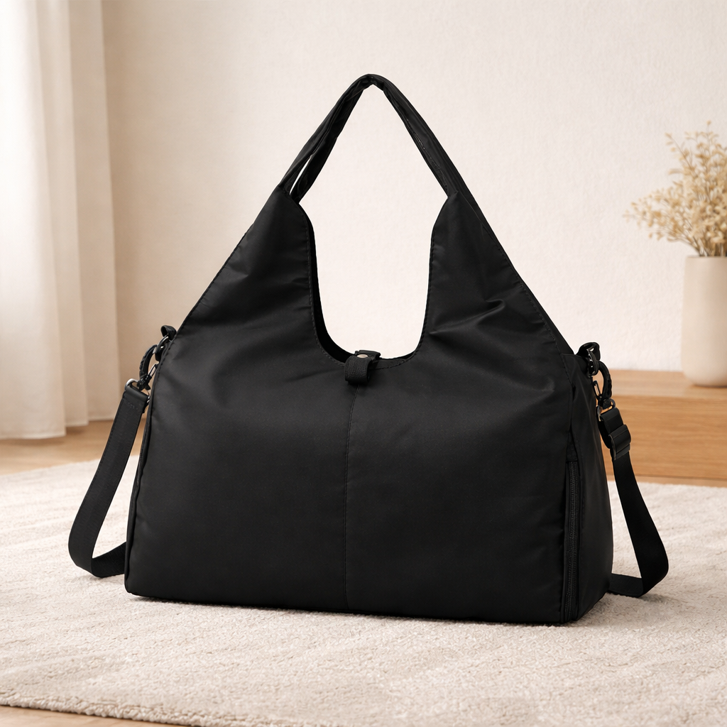 Sac week‑end femme Zen voyage polyvalent noir sur tapis beige ambiance chaleureuse