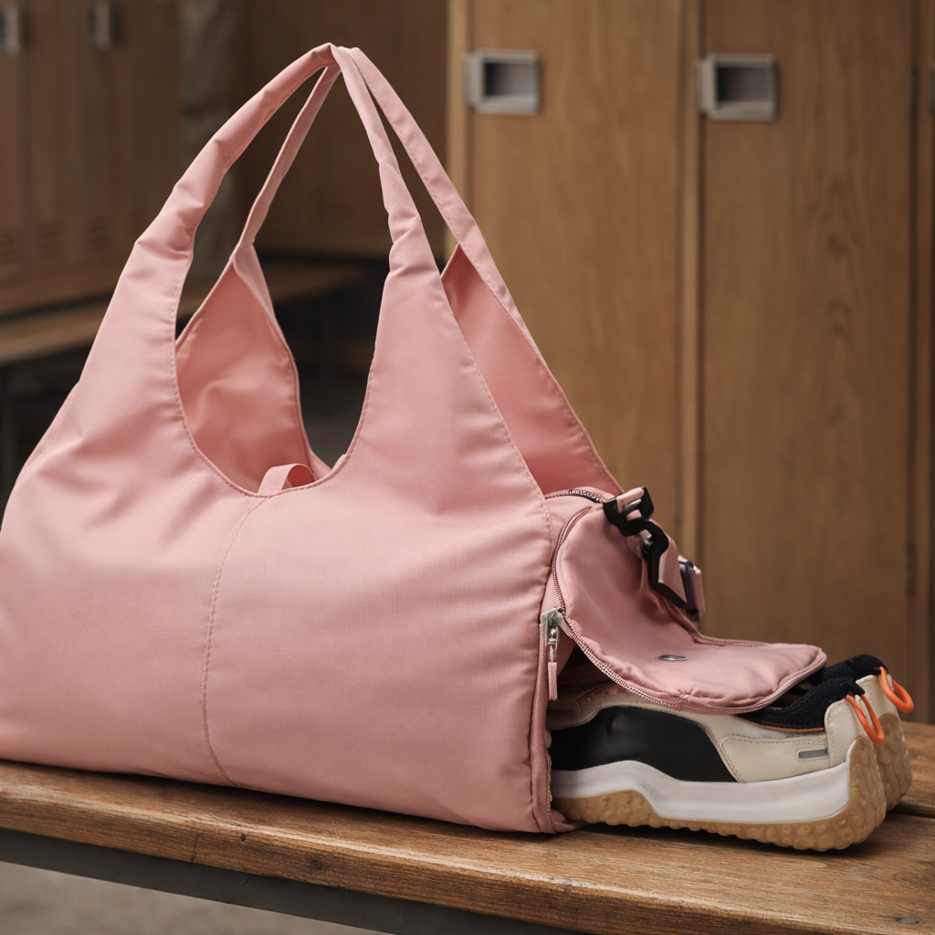 Sac week‑end femme Zen voyage polyvalent rose sur banc de bois dans un vestiaire de gym présentation poche à chaussures