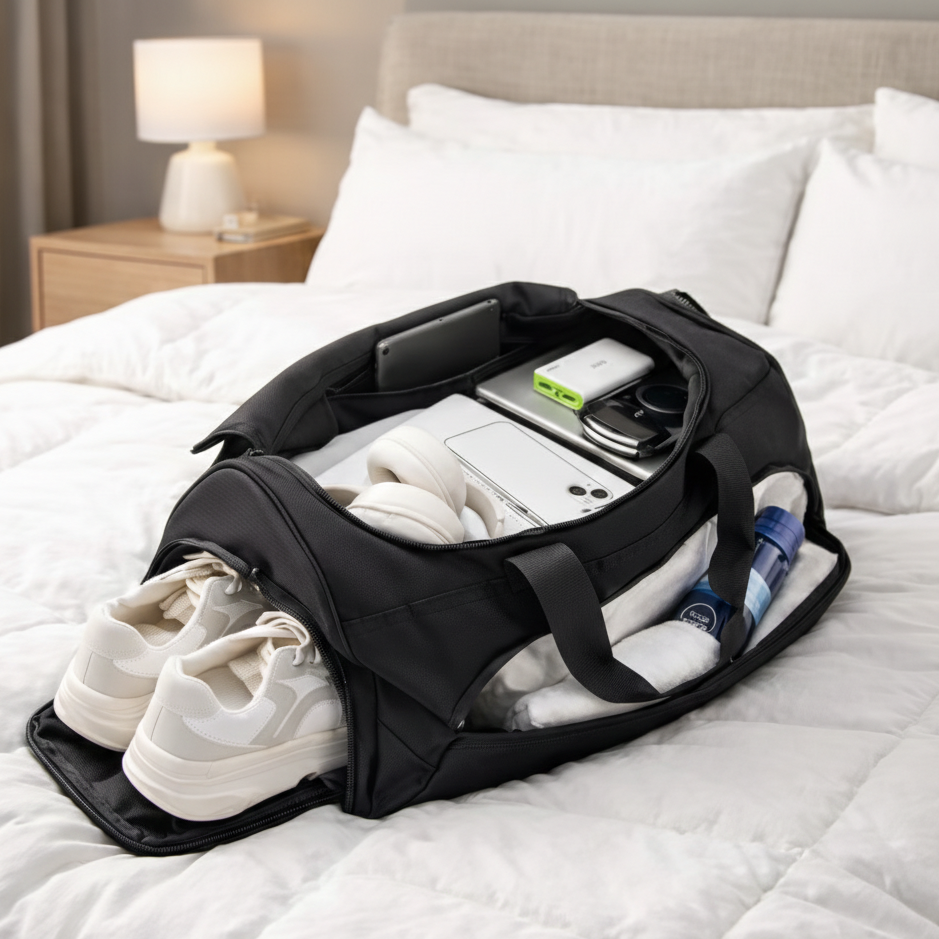 Sac weekend homme noir ouvert, avec compartiment à chaussures et rangement organisé, posé sur un lit blanc confortable