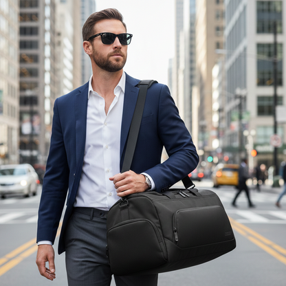 Sac weekend homme noir porté à l’épaule, look business urbain dans une rue moderne, style chic et professionnel