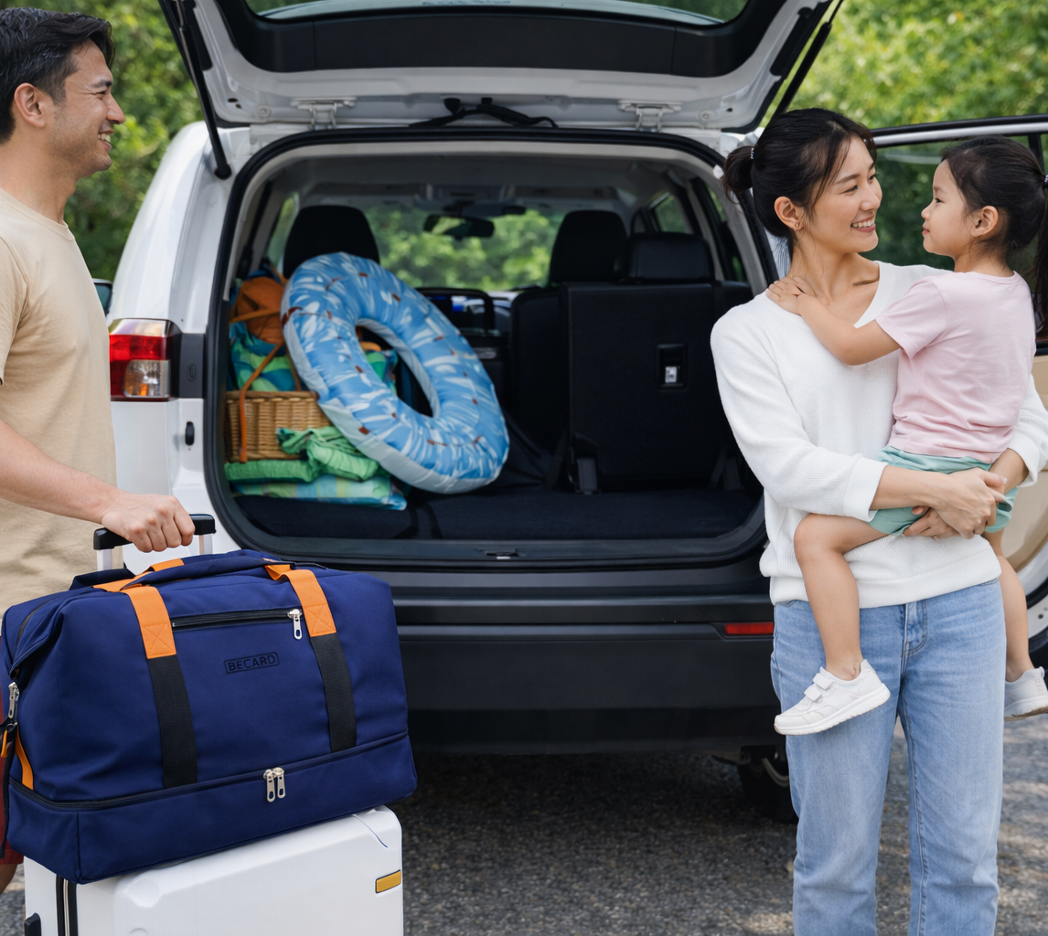 Sac weekender bleu grande capacité parfait pour la famille, idéal pour les voyages, week-ends et escapades en voiture, pratique, spacieux et élégant.