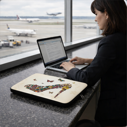 Sacoche ordinateur femme élégante posée sur un comptoir d aéroport format parfaitement ajusté à l ordinateur portable design raffiné et professionnel pour voyager et travailler