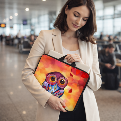 Sacoche ordinateur femme tenue par une femme élégante dans un aéroport, protection ordinateur portable, photo lifestyle réaliste.