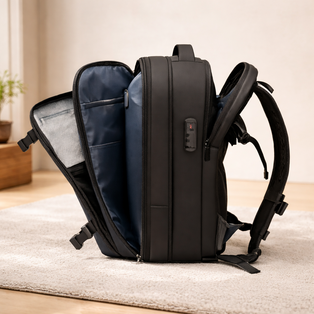 Sur un beau tapis beige, découvrez notre sac à dos de voyage à compression, présenté de biais pour mettre en valeur ses quatre poches fonctionnelles 