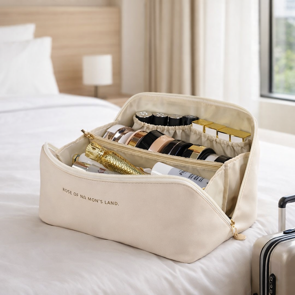 Trousse de maquillage blanche design spacieux et épure dans pose sur lit chambre hôtel moderne