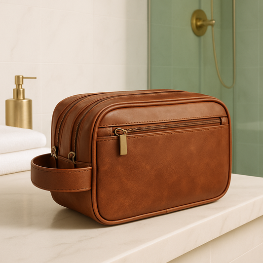 Trousse de toilette homme marron style cuir, posée sur un comptoir de salle de bain, ambiance zen et élégante.