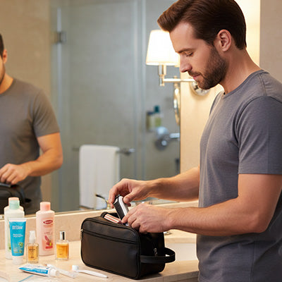 Homme dans une salle de bain moderne, trousse de toilette homme ouverte sur le comptoir, produits soigneusement alignés, lumière douce et ambiance zen