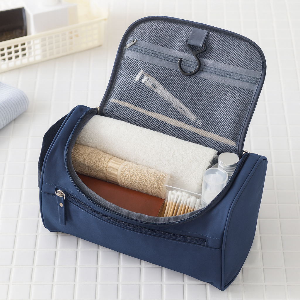 Trousse de voyage compacte avec compartiments, idéale pour organiser produits de toilette et accessoires lors de déplacements ou week-ends.