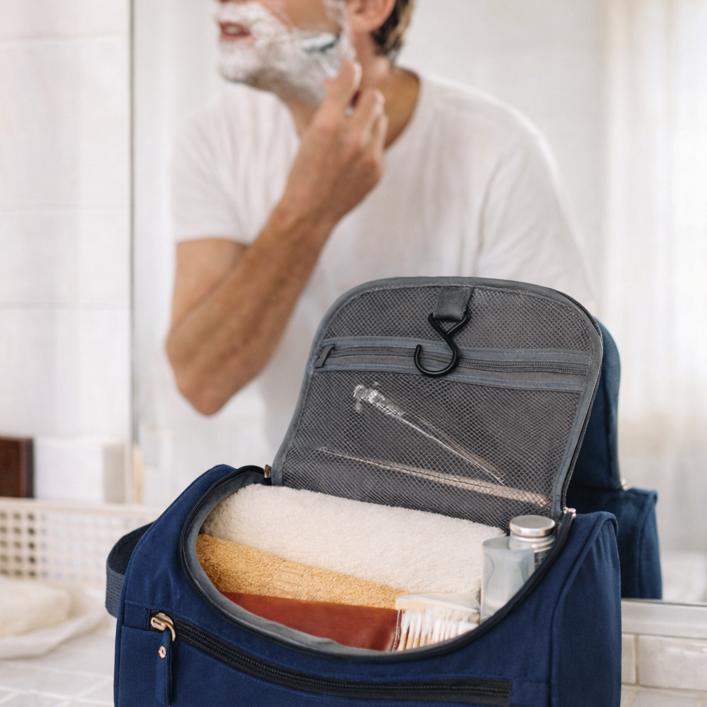 homme qui se rase sur comptoir Trousse de voyage pratique dans une salle de bain, avec compartiments visibles, idéale pour la toilette quotidienne à la maison ou en voyage.