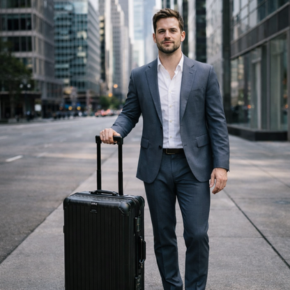 un homme en veston marche dans une ville moderne avec la petite valise cabine de style rigide