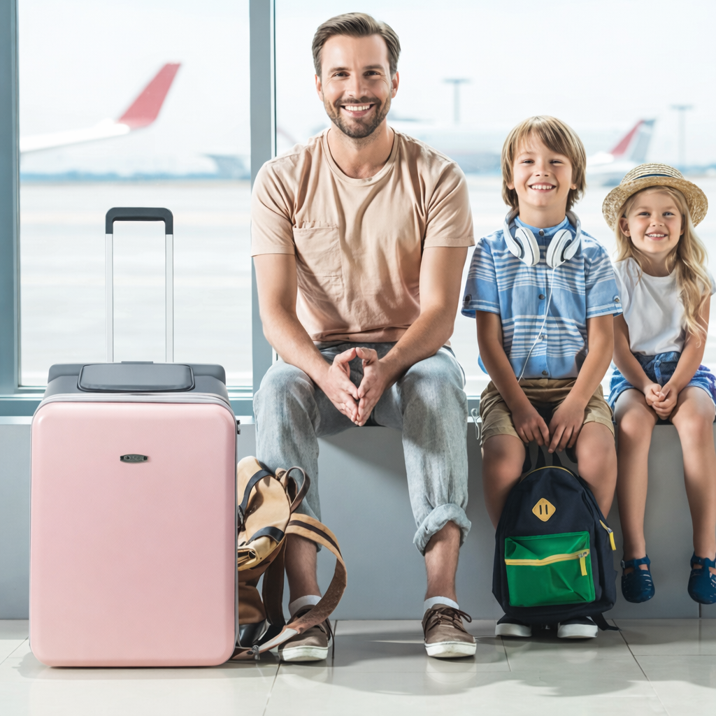 une petite famille attende l’embarquement avec la petite valise Zen petit Voyageur rose