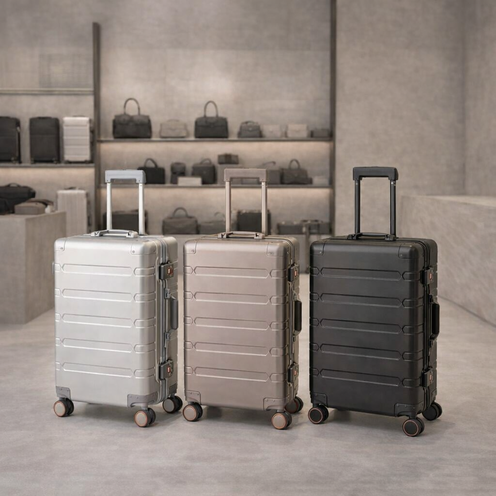 Une présentation en magasin des trois couleurs de la valise cabine : noir, argent et titanium