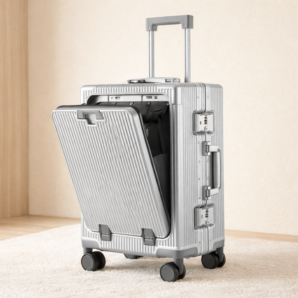 Valise de cabine intelligente argentée, compartiment frontal ouvert dans un décor minimaliste