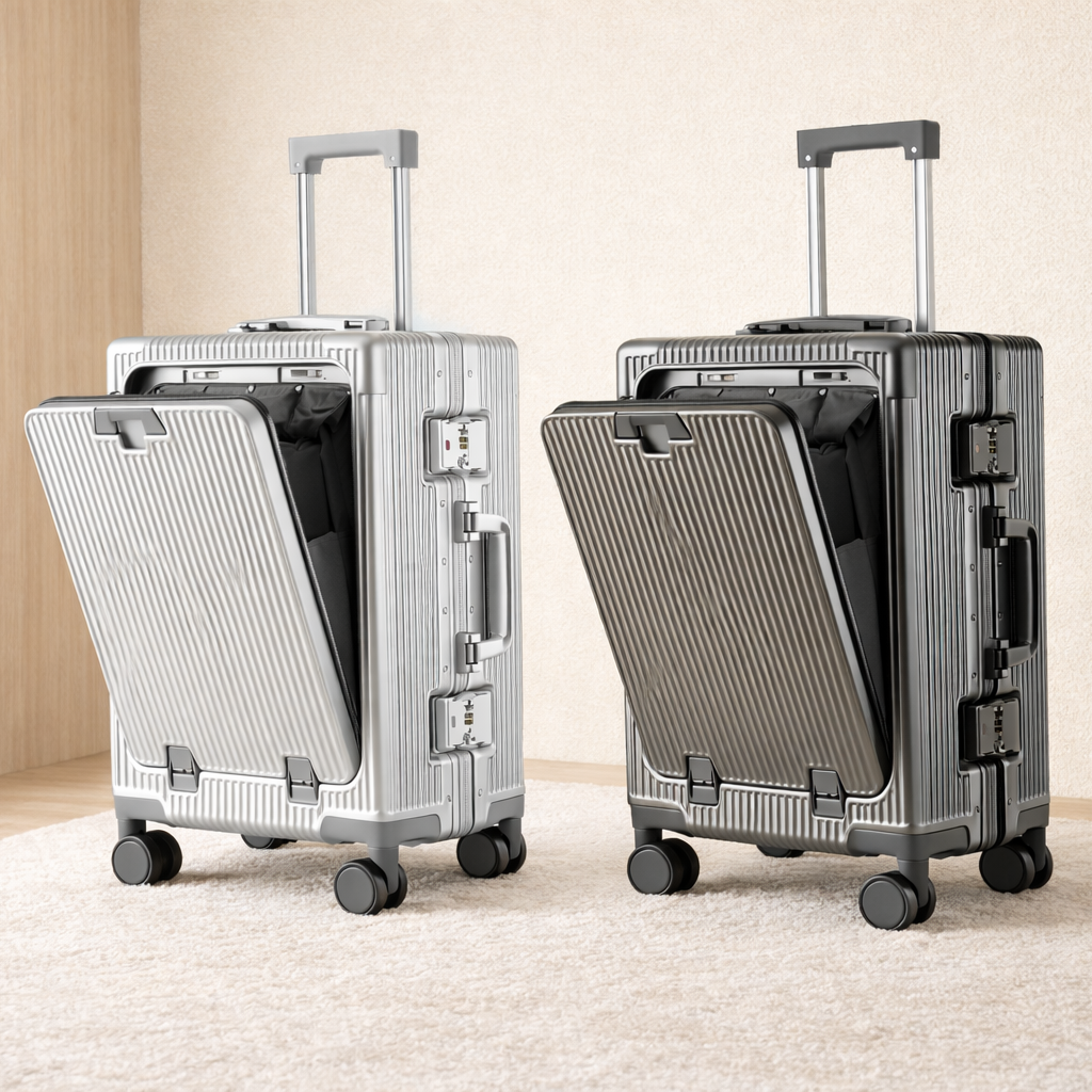Valise de cabine intelligente grise et gris foncé, compartiment frontal ouvert dans un décor minimaliste