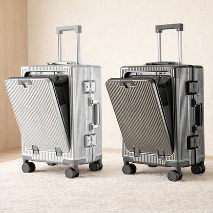 Valise de cabine intelligente grise et gris foncé, compartiment frontal ouvert dans un décor minimaliste