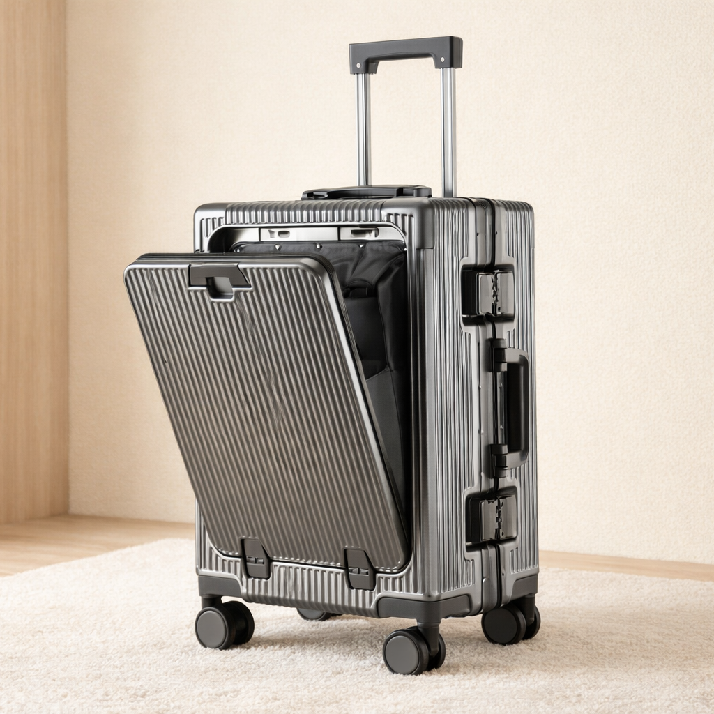 Valise de cabine intelligente gris foncé, compartiment frontal ouvert dans un décor minimaliste
