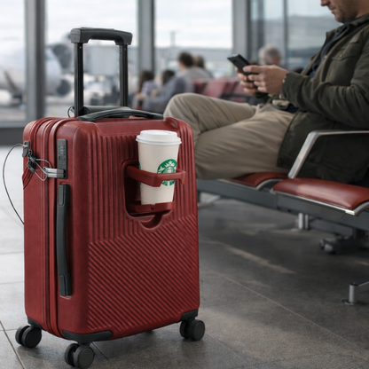 Valise cabine 20 pouce rouge innovante et ultra légère dans un aéroport, avec utilisation du support à café