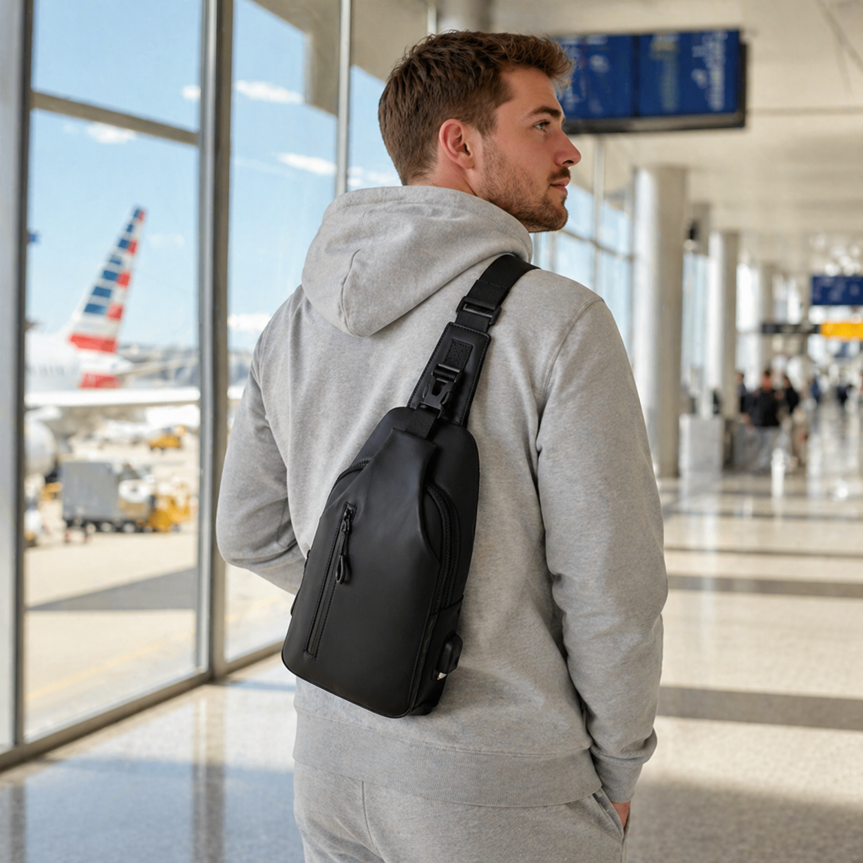Voyage tranquille dans le terminal avec un sac en bandoulière homme