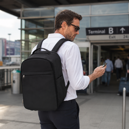 Voyageur dans un terminal moderne avec sac à dos pour bagage cabine