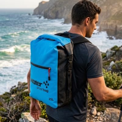 À Etretat un randonneur mon une falaise avec Sac à dos étanche