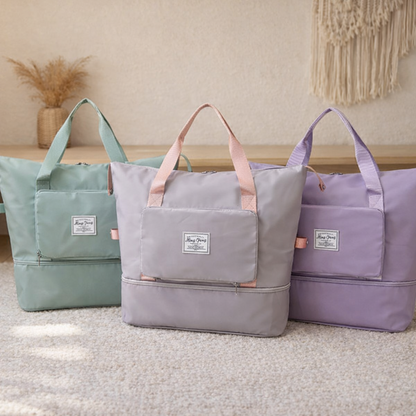bagage cabine femme présenté en 3 couleurs gris, vert et violet. il est extensible pliable pratique et léger idéal pour weekend voyage et avion