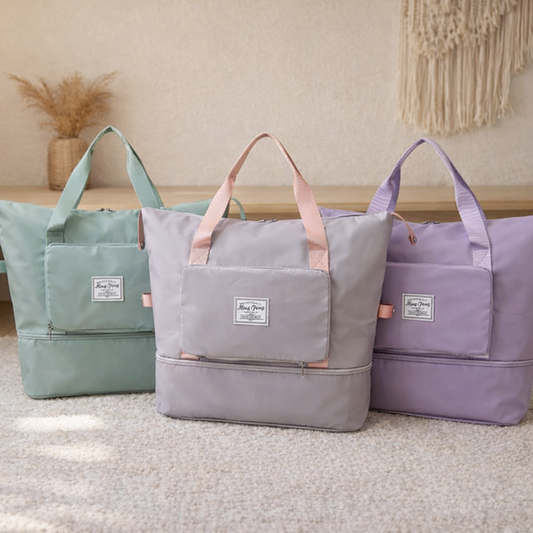 bagage cabine femme présenté en 3 couleurs gris, vert et violet. il est extensible pliable pratique et léger idéal pour weekend voyage et avion