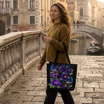 Sac Beach bag bleu paon porter sur l'avant bras en automne