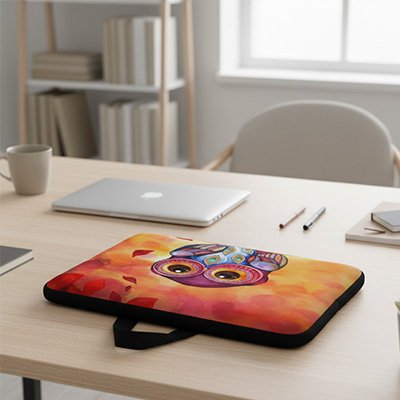 Bureau bien éclairé avec une sacoche ordinateur femme orange avec un mignon hibou