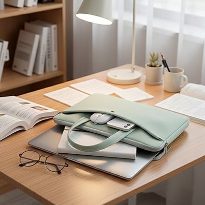 Bureau bien éclairé avec une sacoche ordinateur vert menthe, un livre ouvert, des feuilles, une lampe et une plante.