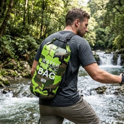 Campeur en marche avec Sac à dos étanche Sport vert