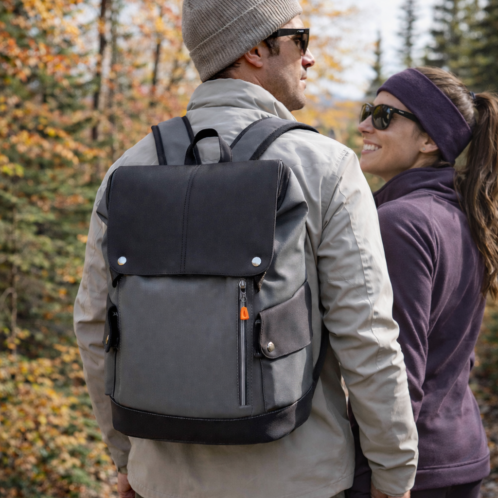Couple marchant en forêt, se tenant la main, avec un sac à dos de voyage aux dimensions EasyJet, gris, dans un style voyage nature