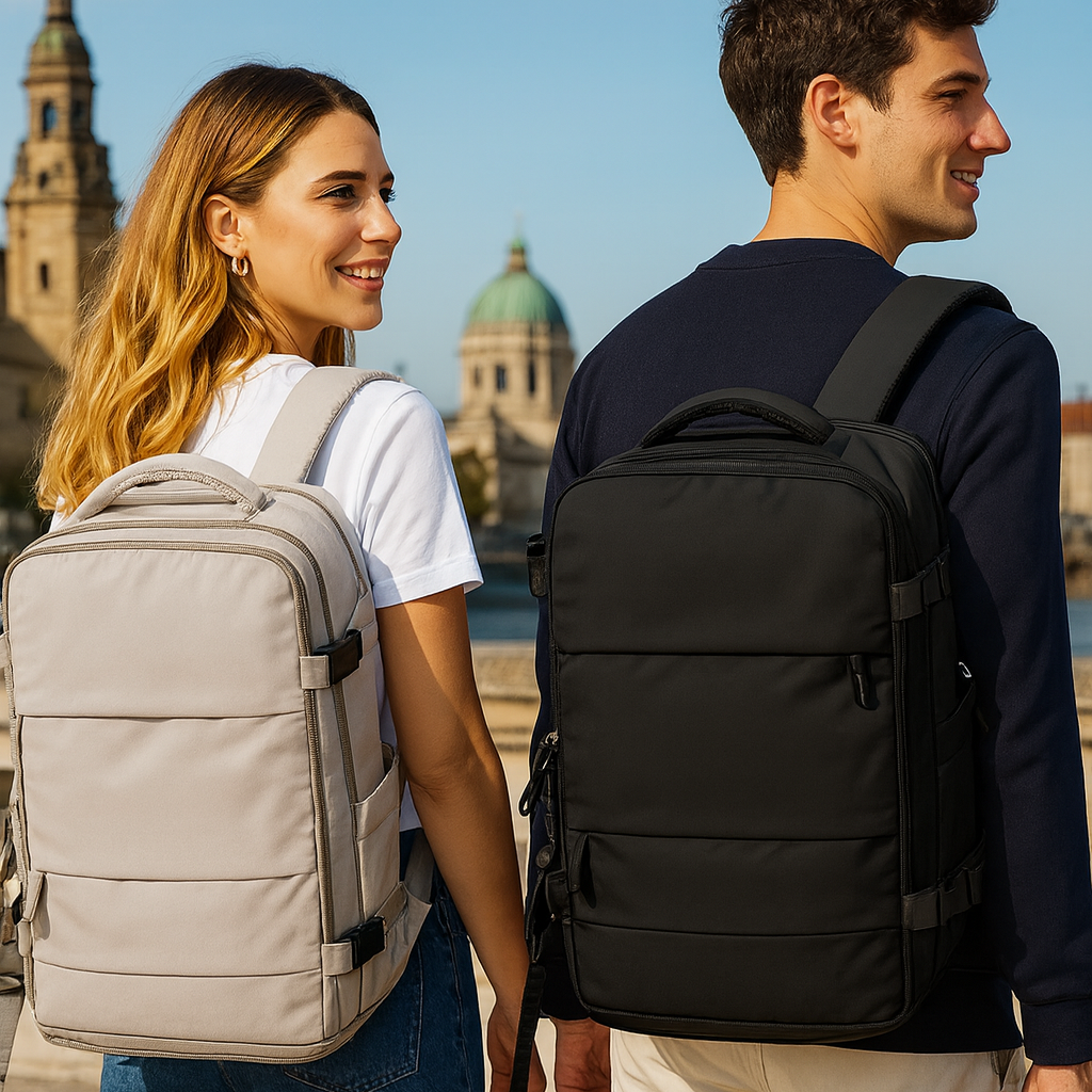 Couple portant des sacs à dos de voyage beige et noir en milieu urbain, style moderne et lifestyle voyage.