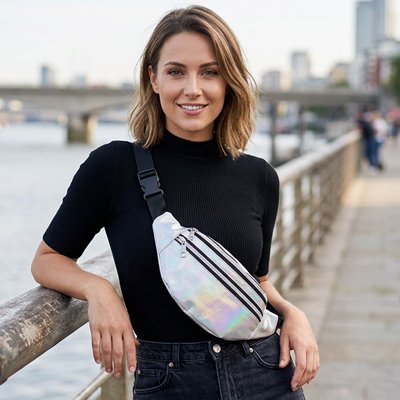 Dame en milieu urbain portant le Sac banane femme blanc