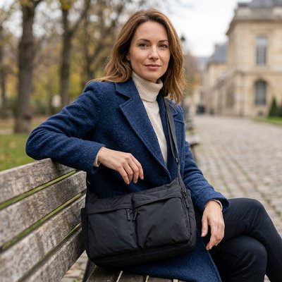 Dans un parc à Prague, femme assise sur un banc avec sac bandoulière noir