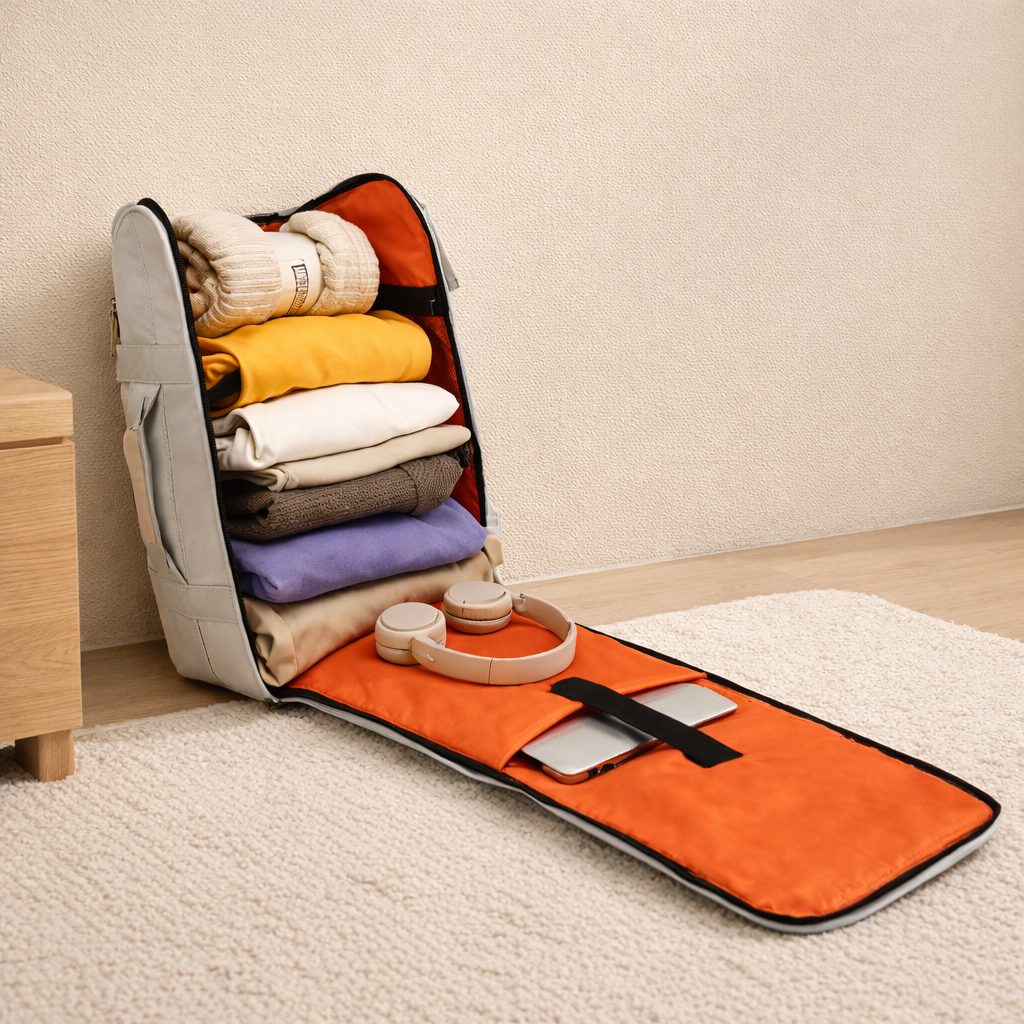 Dans une entrée de maison le sac à dos voyageur grande ouverture ouvert à plat intérieur orange avec vêtements