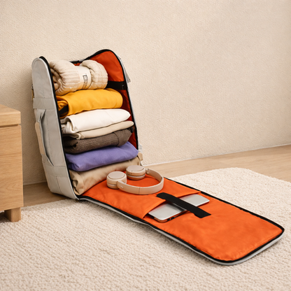 Dans une entrée de maison le sac à dos voyageur grande ouverture ouvert à plat intérieur orange avec vêtements