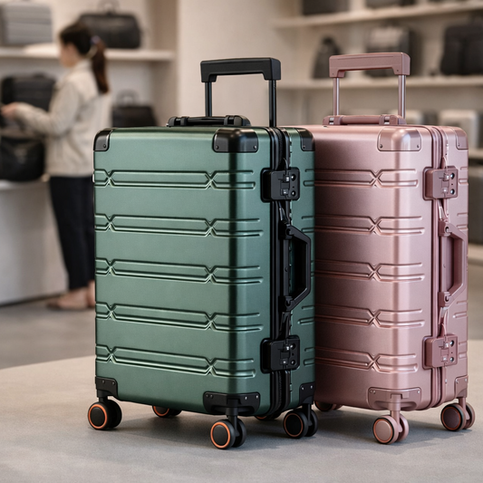 Dans un magasin spécialisé en bagages, on nous présente la valise cabine argentée, verte et rose