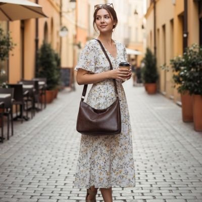 Dans une petite rue de Florence, une jeune femme se promène en toute sécurité avec sac à main femme bandoulière style urbain et élégant