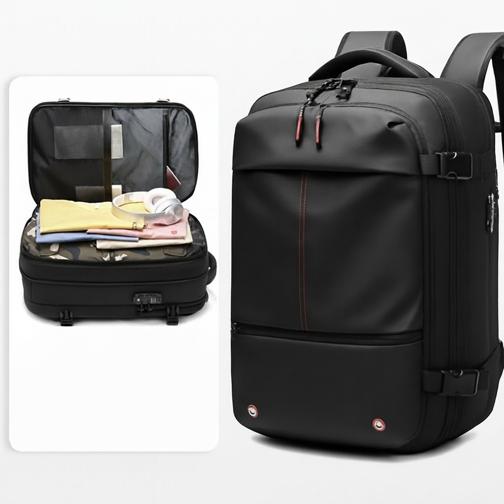 demonstration capacite du Sac a dos voyage compression plusieurs chemise pantalone ecouteur