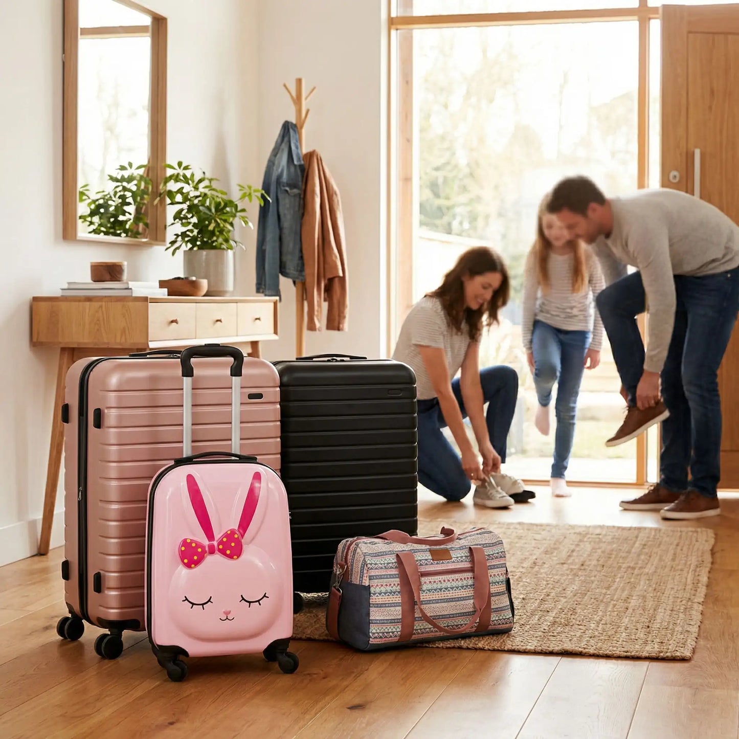 Départ en famille avec deux grandes valises, un sac de voyage et une valise pour petite fille modèle lapin rose.