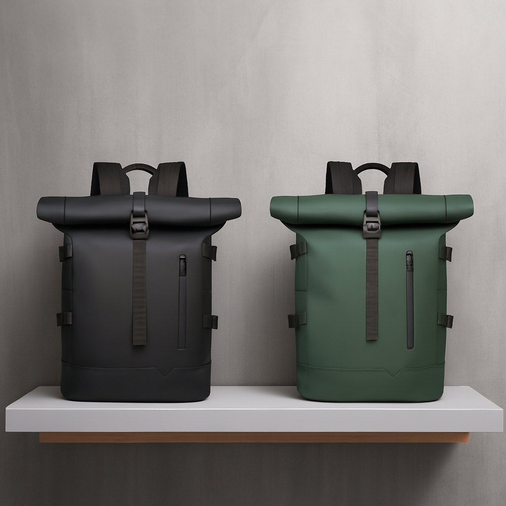 deux SAC A DOS VOYAGE Zenvoyage Roller mur ciment sur tablette