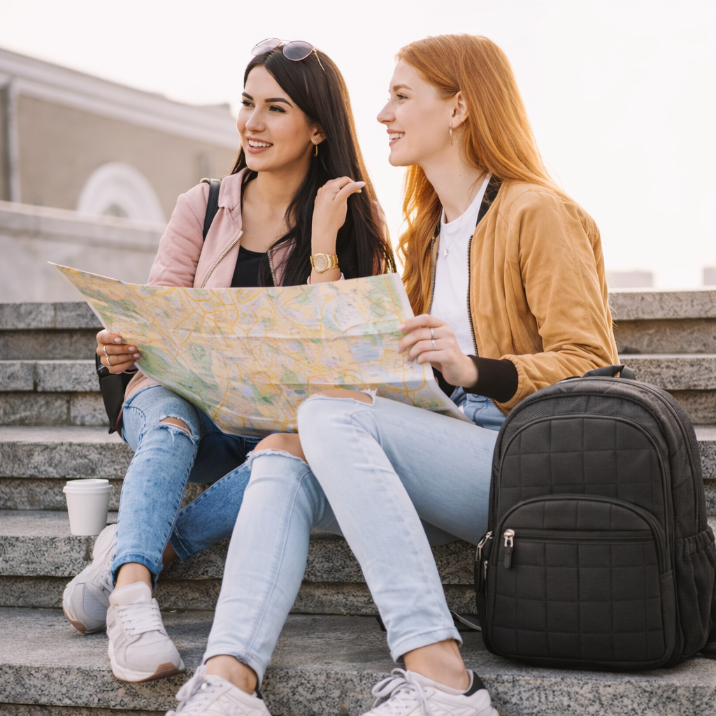 Deux amies sont assises en ville et consultent une carte pendant leur escapade. À côté d’elles, un sac à dos voyageur noir accompagne ce moment de découverte urbaine.