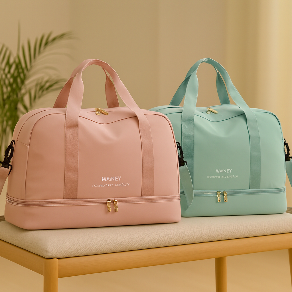 deux sac de voyage sur banc bois coussin