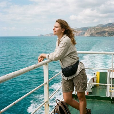 direction île paradisiaque en bateau avec sac banane pour voyage 