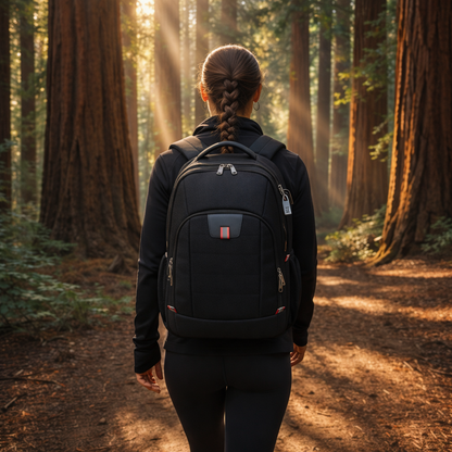 Dans une majestueuse forêt de séquoias, une femme en randonnée porte un Sac à dos pour voyage usb, le compagnon idéal pour le quotidien, le voyage et l’aventure.