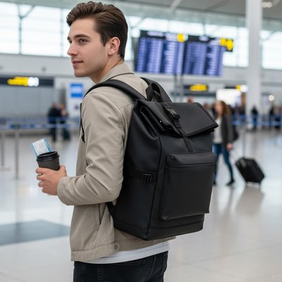 En attente à l'aéroport homme porte le Sac de randonnée