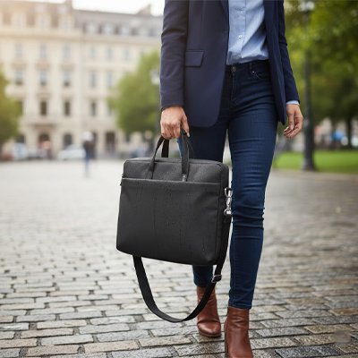 En direction du travail en marchant avec son sac ordinateur femme noir, une femme traverse une place parisienne