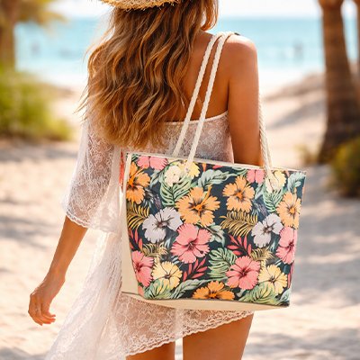 En vacances au soleil avec grand sac de plage fleurs 